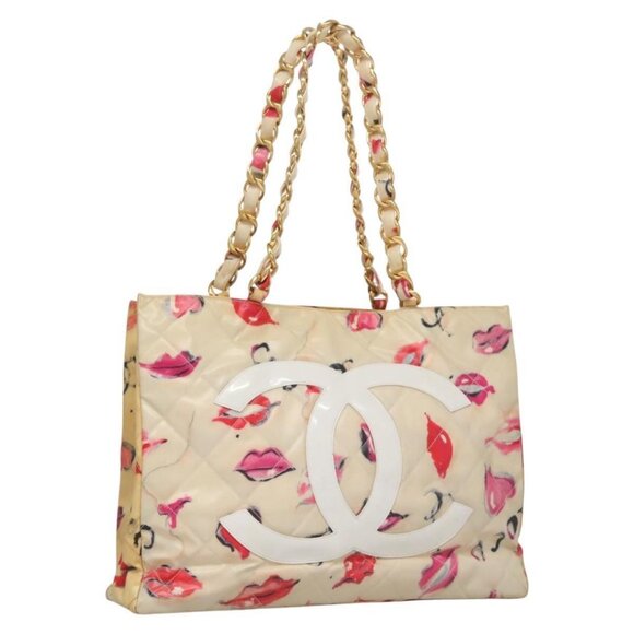 CHANEL Matelasse Chain Lip Tote Bag Enamel Beige CC Auth 115470A - Picture 1 of 16